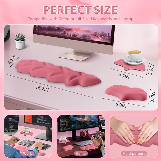 Leather Keyboard Wrist Rest Set Wrist Rest for Keyboard and MouseWrist Rest with Non-Slip PU Base Comfortable Memory Foam Ergonomic Wrist Support Pad Arm Cushion for Computer Laptop Mac Hot Pink