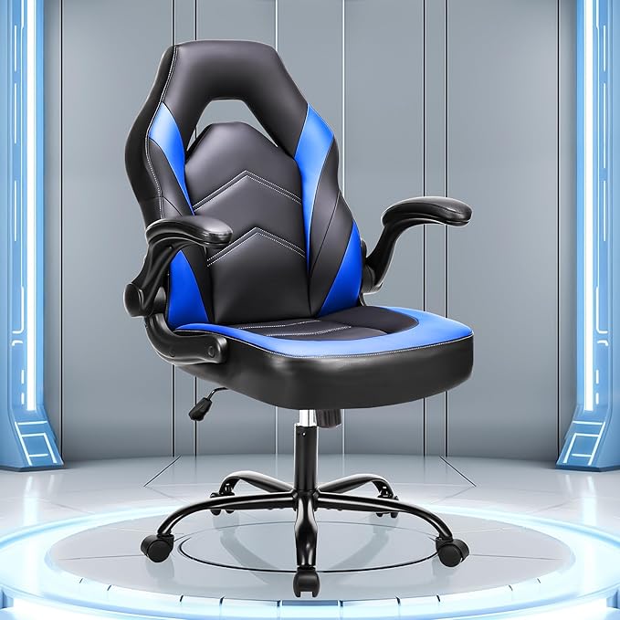 OLIXIS Computer Gaming Chair - PU Leather Ergonomic Lumbar Support with Flip-up Armrest and 360° Swivel Wheels Height Adjustable Task Home Office Desk Video Racing Blue