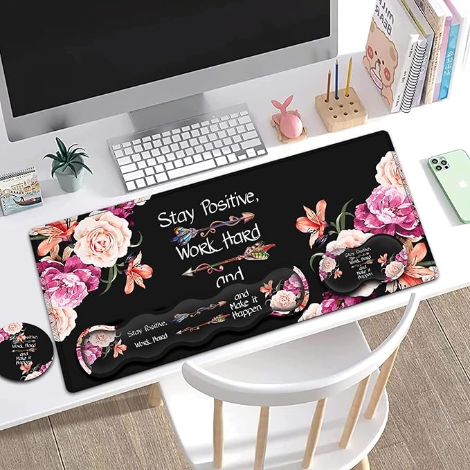 Large Mouse Pad with Wrist Support SetMemory Foam Keyboard Wrist Rest +XXL Extended Gaming Mouse Pad + Ergonomic Mouse Wrist PadPeony Flower Inspirational Quotes Office Black Desk Pad for Women Men