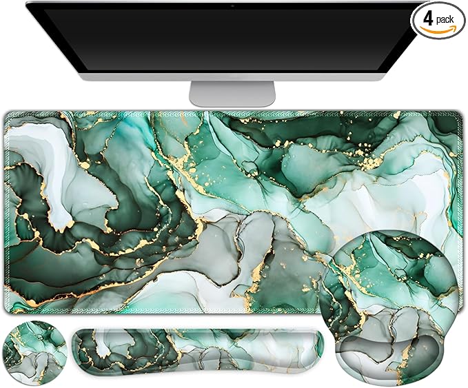 Gaming Mouse Pad Large Desk Mat Cute Desk Pad Protector 4in1 XXL Mousepad + Keyboard Wrist Rest+Mouse Wrist Rest+Coaster Set with Ergonomic Desk Pad for Home Office PC Computer Green Marble