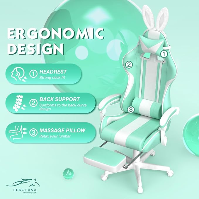 Ferghana Kawaii Light Green Gaming Chair with Bunny Ears Ergonomic Cute Gamer Chair with Footrest and Massage Racing Reclining Leather Computer Game Chair 250lbs for Girls Adults Teens Kids