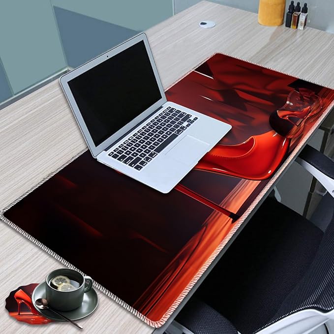 Large Game Mouse Pad + Wrist Support Pad + Coffee Coaster Desk Pad with Sewn Edges Anti-Slip Set pad Suitable for Office Work and Home - Red High Heels