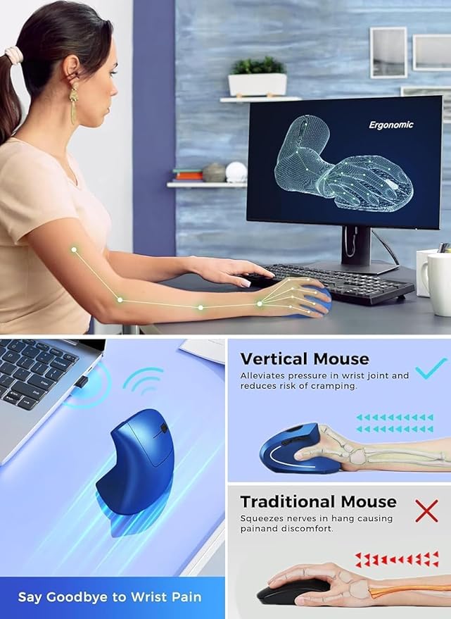 Ergonomic Mouse Wireless Rechargeable Mouse Silent for Carpal Tunnel Right Hand 2.4GHz USB Vertical Mouse Wireless for Laptop etc 3 Adjustable 800/1200/1600 DPI Blue
