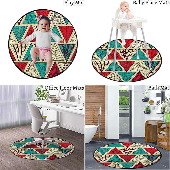 Multi Round mat Washable Desk Chair Mats Low-Pile Carpet for Rolling Chair Decorative Round Rug Multi-Purpose Floor Mat Geometric Diagonal Pieced Mosaic Tile Diameter 35.4 in