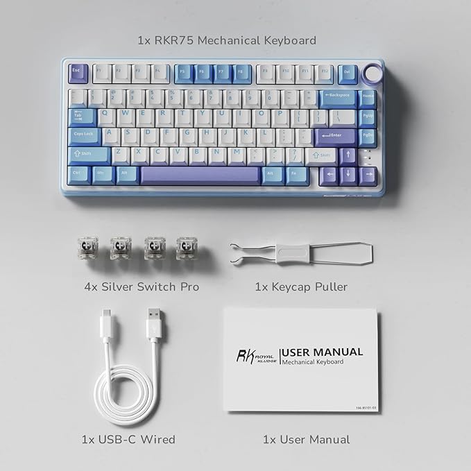 RK ROYAL KLUDGE R75 Mechanical Keyboard Wired with Volume Knob 75% Custom Gaming Keyboard Gasket Mount RGB Backlit with Software Cherry Profile Hot Swappable Silver Switch PBT Keycaps