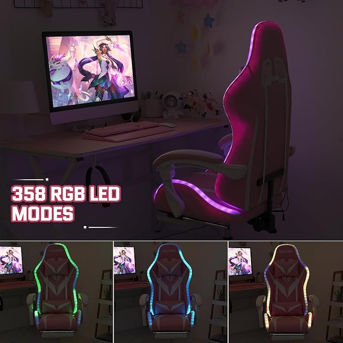 RGB Gaming Chair with LED Lights Massage Ergonomic Video Game Chairs with Footrest High Back Reclining Computer Chair with Lumbar Support Adjustable Footrest Pink and White