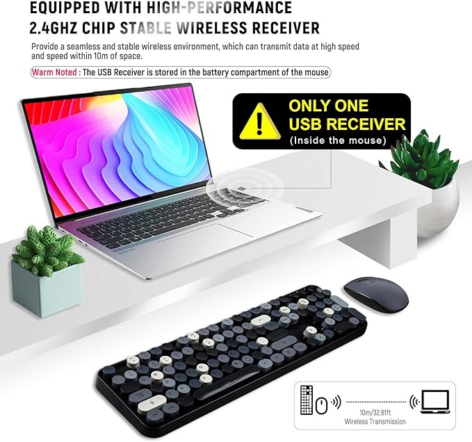 Wireless Keyboard and Mouse Combo Retro Typewriter Style Bubble Keyboard with Round Keycaps 2.4GHz Full Size Mixed Color Aesthetic Keyboards and 3 DPI Mouse Set for PC Laptop Desktop - Black Grey