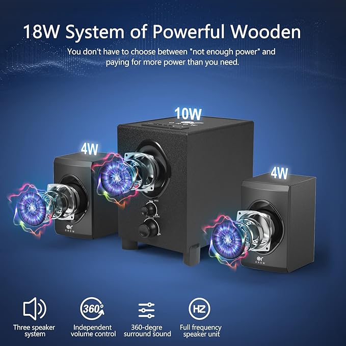 OROW Bluetooth Computer SpeakersPC Speaker with SubwooferFront Knob 18W Wireless PC SpeakersSupport AUX&ampBluetooth PlayGreat for Party/Game/TV (S213)