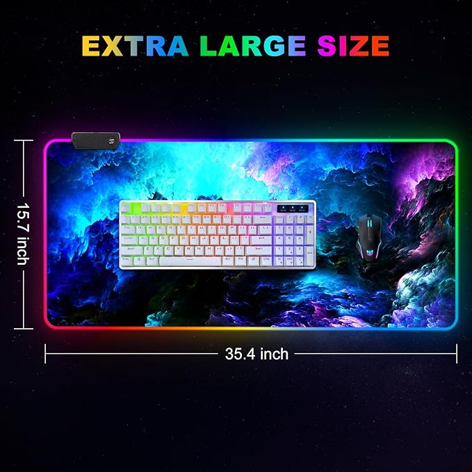 ARTSO RGB Gaming Mouse Pad Large Extended LED Mouse Mat XXL 35.4x15.7 inch 14 Lighting Modes 2 Brightness Non-Slip Rubber Base Mousepad Waterproof Keyboard MatFantasy Nebula Sky