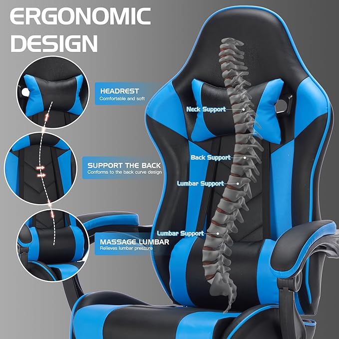 Ergonomic Gaming Chair Racing Style - High Back Gamer Chair with Footrest Adjustable Lumbar Massage Linkage Armrests &amp 90-135° Recline - Leather Computer Game Chair for Adults Black+Blue
