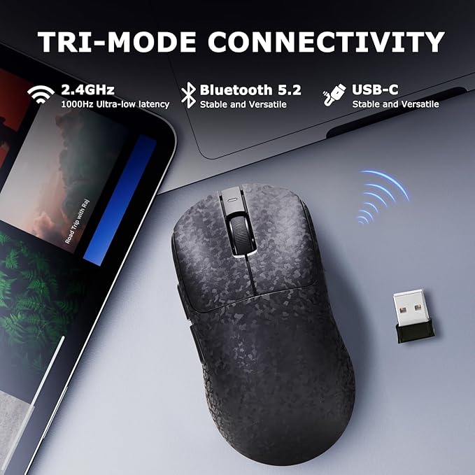 Ajazz AJ199 Wireless Gaming Mouse Carbon Fiber Shell Tri-Mode 2.4G/Bluetooth/USB-C 58g Ultra-Lightweight PAW3311 Sensor up to 24000 DPI 500mAh Battery for PC/Mac/Game/Travel Black