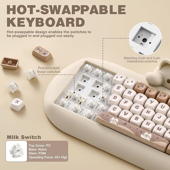 YUNZII C68 Wireless Mechanical Keyboard65% LayoutHot SwapTriple Mode BT5.0/2.4G/Wired RGB Backlit NKROCute Cat Silicone Ergonomic Design for Win/Mac (Brown Milk Switch)