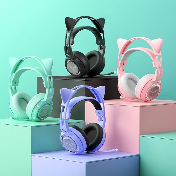 SOMIC G951S Green Gaming Headset with Microphone for PS4 PS5 Xbox One PC Cat Ear Headphones Over Ear with in-Line Mic Control Stereo Sound for Girls Woman