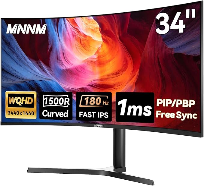 34 Inch Ultrawide Gaming Monitor - 21:9 WQHD 3440 x 1440 R1500 Curved Computer Monitor for Gamer 180Hz 1ms AMD FreeSync PIP/PBP Crosshair TÜV Eye Care HDMI 2.0 &amp DP1.4 Tilt/Height/Swivel Stand