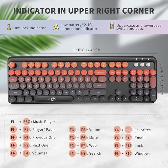 FD Wireless Keyboard and Mouse Combo | Cute Colorful Keyboard and Mouse with 2.4GHz Cordless Retro Typewriter Keyboard | Auto-Sleep | USB Receiver for Windows PC/Laptop - Black Orange Gradient