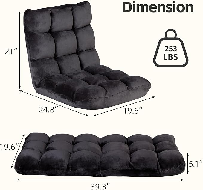 SUPER DEAL 14-Position Folding Floor Chair Gaming Sofa Cushioned Padded Reclining Bed Lounge Couch Seating for Comfy Reading Reading Gaming Relaxing Watching TV Black