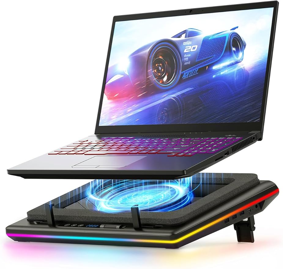 llano V12 Gaming Laptop Cooling Pad RGB Laptop Cooler Laptop Cooling Fan Stand with 5.5 Inch Powerful Turbofan for 15.6-19in Laptop Adjustable Speed Dustproof 3-Port USB Hub Black (RGB)