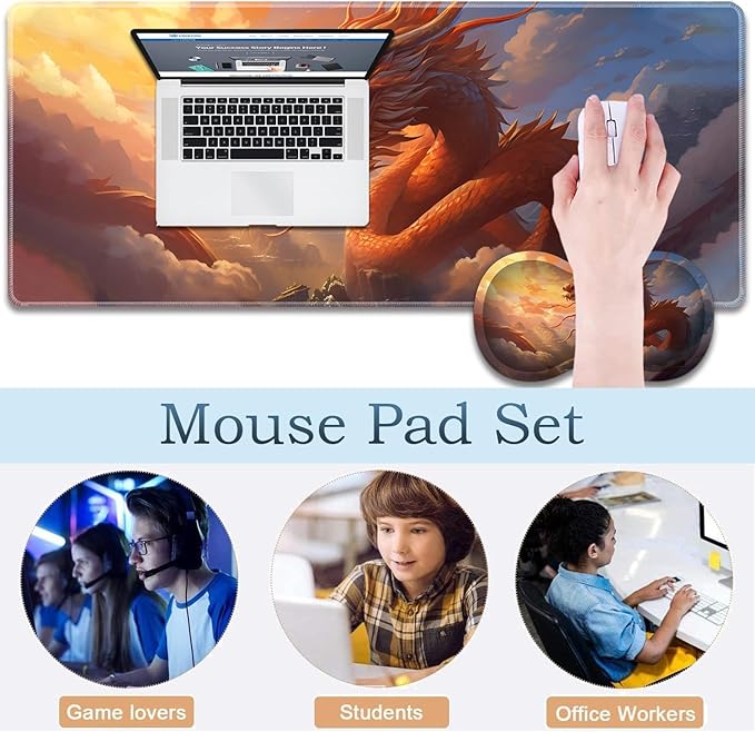 Large Gaming Mouse Pad + Wrist Rest + Lace Coaster Non-Slip Set with Sewn Edges and Waterproof Expandable Desktop Pad Suitable for Office/Home Golden Dragon