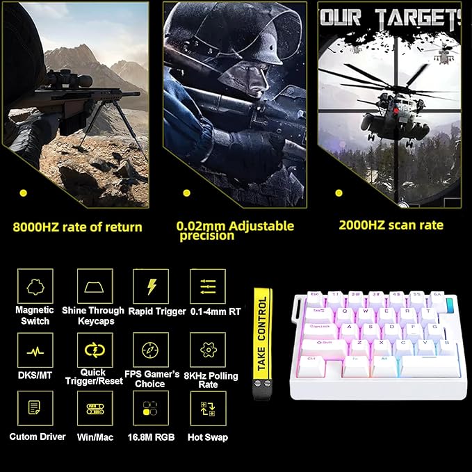 HE30 Rapid Trigger Magnetic Switch Gaming KeyboardOne-Handed Hall Effect RGB HotSwap Adjustable Actuation 8kHz Hyper Fast Mini Macro Gasket E-Sports Keypad Ergonomic Mechanical Keyboard (White)