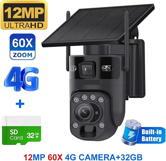 4K 60X Optical Zoom 4G Solar Camera Dual Screen Outdoor WiFi PTZ PIR Detection Human Auto Tracking CCTV Cameras(Black 60X 4G 32GB)