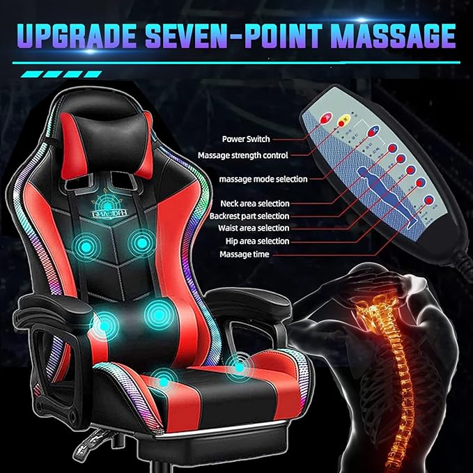 Massage Gaming Chair with Footrest Video Game Chair with Speakers and RGB LED Lights Ergonomic Pro High Back Computer Chair with Headrest &amp Lumbar Support Height Adjustable Office ChairWhite