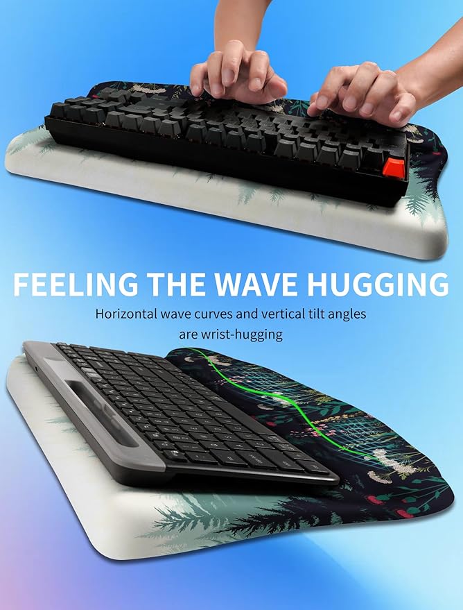 Ergonomic Wave Wrist Rest with Keyboard Stand Cushioned Palm Rest Comfortable Integrated Memory Foam for Natural Typing and Relieve Wrist Pain Flower Sea Forest