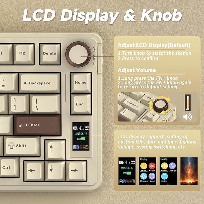 AULA S75 PRO Wireless Mechanical Keyboard with Screen&ampKnob 75% Hot Swappable Gaming Keyboard with Pre-lubed Switches RGB Backlit PBT Keycaps Creamy Sounding Computer Keyboards