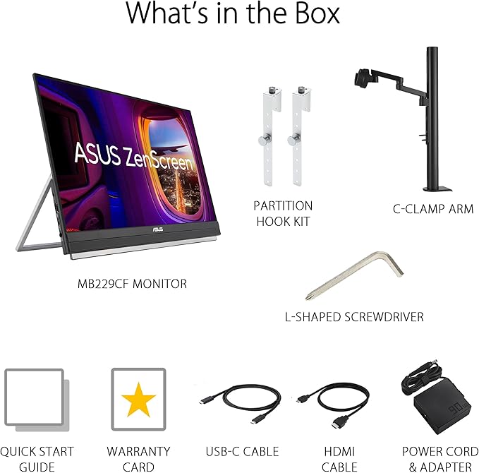 ASUS ZenScreen 22” (21.5 viewable) 1080P Portable Monitor (MB229CF) – Full HD IPS 100Hz USB-C PD 60W Speakers Carrying Handle Kickstand C-clamp Arm Partition Hook Subwoofer 3 yr Warranty