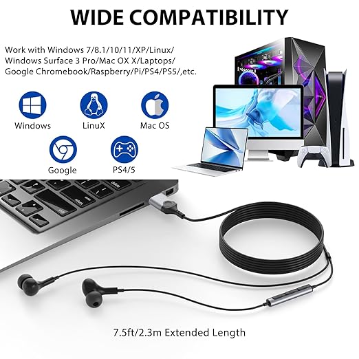 USB Headphones for PC Laptop Magnetic 7.5FT Wired Earbuds 16FT Link Cable for Apple Vision Pro 5 Meters Linking Cable for Galaxy XR for Oculus for Quest 3 3S 2 ProPico 45M USB 3.1 Long Lead for VR