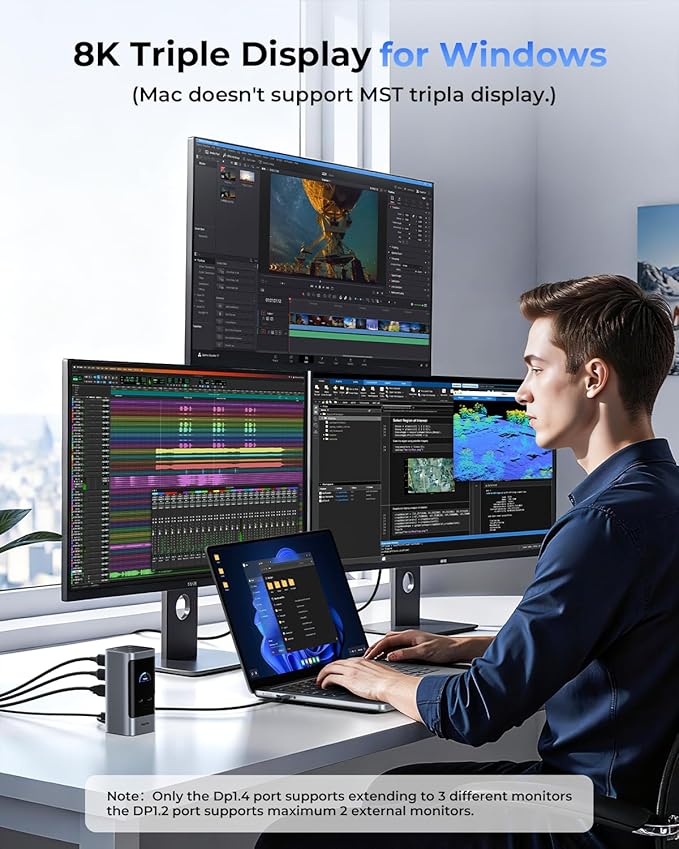 RayCue 15 in 1 Laptop Docking Station 3 Monitors Triple 8K Display with 3 HDMI 6 USB Ports 5 Shortcut Button Gigabit Ethernet PD3.0 Smart Display for Windows/Dell/Lenovo/HP...(No Power Adapter)