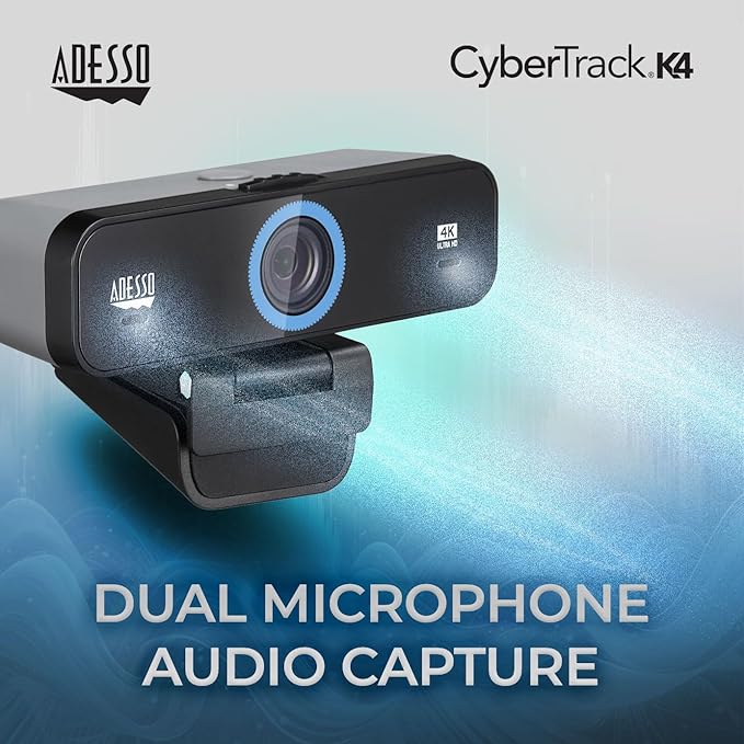 Adesso CyberTrack K4 4K Ultra HD Fixed Focus USB Webcam with Adjustable Field of View Angle Built-in Dual Microphones Privacy Audio/Video Switch &amp Tripod Mount