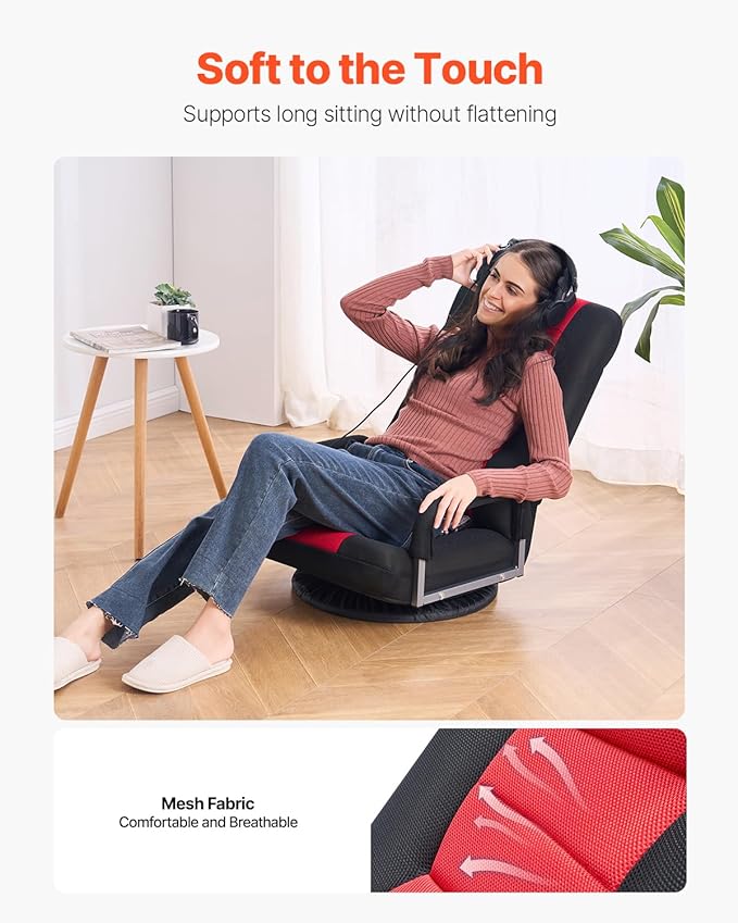 VEVOR Swivel Floor Gaming Chair with Armrests 360-Degree Rotating Floor Chair with 6 Adjustable Position Folding Backrest and Lumbar Support Folding Video Reclining Sofa for TV Reading Red Black