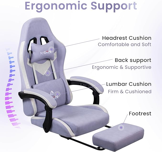 N-GEN GAMING Video Gaming Chair with Footrest Lumbar Support for Home Office High Back Recliner Height Adjustable Ergonomic Comfy Fabric Computer Desk Chair (Purple)