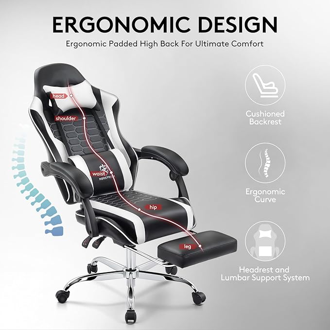 Gaming ChairComputer Office Chair with FootrestMassage Lumbar Support and Gel PadErgonomic Reclining Adjustable Leather Gamer Chair with Headrest and Spring Cushion Black White
