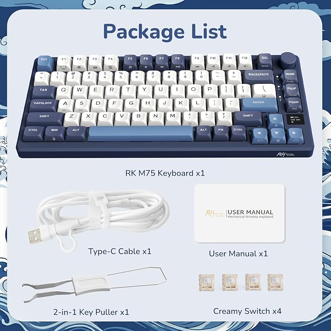 RK ROYAL KLUDGE M75 Wireless Mechanical Keyboard w/Screen and Volume Knob 2.4G/USB-C/BT Gasket Mounted 75% Gaming Keyboard with 81 Keys RGB Backlit Hot-Swap Creamy Switch Blue