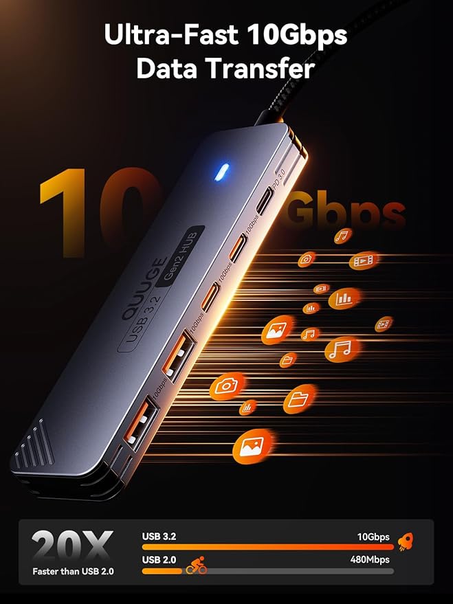 USB C Hub 10Gbps QUUGE 5-in-1 USB Splitter with 2 USB-A &amp 2 USB-C 3.2 and PD 100W Fast Transfer Aluminum Type-C Multiport Adapter with 100cm Nylon Cable for MacBook Air/Pro iPad Surface Pro X