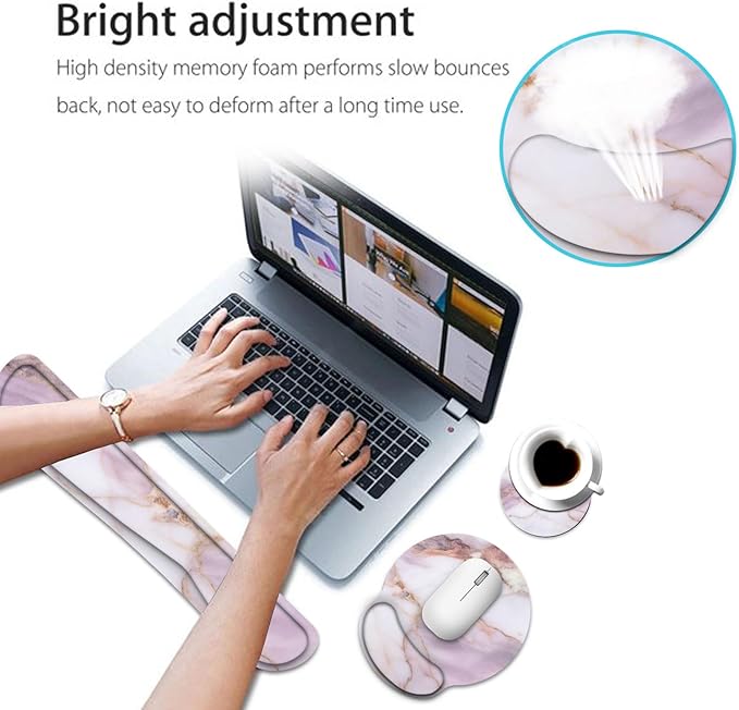Keyboard Wrist Rest and Mouse Pad Wrist Support Set with CoasterErgonomic Mouse PadComfortable for Easy Typing Pain ReliefMemory Foam Keyboard Pad Set for Laptop MacColorful Marble