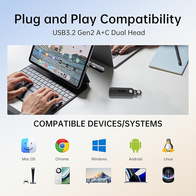 SSK USB Flash Drive 2TB SSD External TLC NAND Solid State Drive Dual USBC &amp USBA Ports Up to 1000MB/s High-Speed Portable 2TB USB Thumb Drive Stick for iPhone 15/16/17 Pro Mac Android PC Back