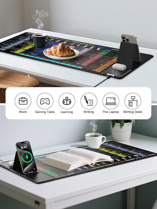 Mouse Pad with Foldable Phone Holder Wireless Charging Desk Mat with Excel Shortcut Keys 31.5x15.8 Large Mousepad with Superior Micro-Weave Cloth XXL Desk Pad Non-Slip Waterproof