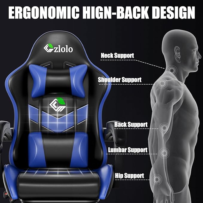 Gaming Chair with Footrest Racing Style Lumbar Support Massager Video Game Chair with Metal Legs High Back Gamer Chair with Headrest 360° Swivel Office Computer Desk Chair Bright Blue