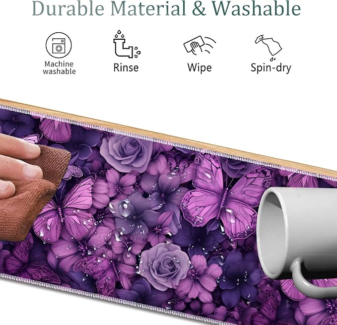 Mouse Pad Combo Large Gaming Mouse Pad + Keyboard Wrist Support + Mouse Wrist Rest + Coaster Table Pad 31.5 x 11.8 with Memory Foam Ergonomic Wrist Pad Set Butterflies Purple and Purple Flowers