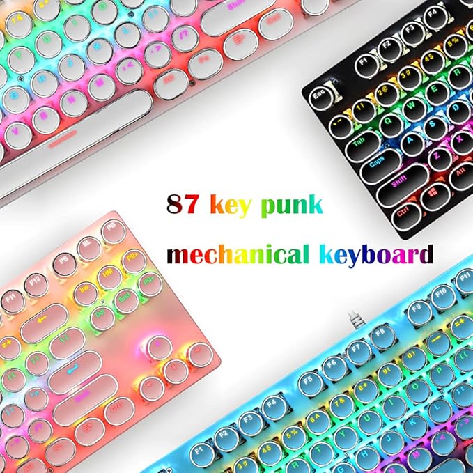 Mechanical Gaming Pink Keyboard87 Key Retro Punk Typewriter-StyleBlue Switch RGB Backlit KeyboardAnti-Ghosting USB Wired for PC Laptop Desktop Computer for Game and Office