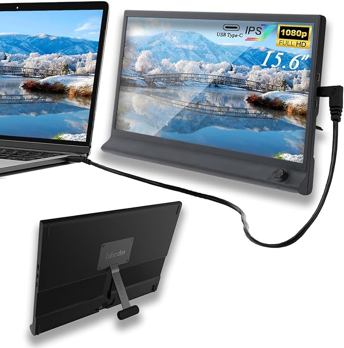 15.6Inch Laptop Monitor Exteder Portable Monitor for Laptops 1080P FHD USB C Laptop Screen Extender with Brightness Adjustment Dial Lap Second Screen Travel Monitor for Mac PC Phone