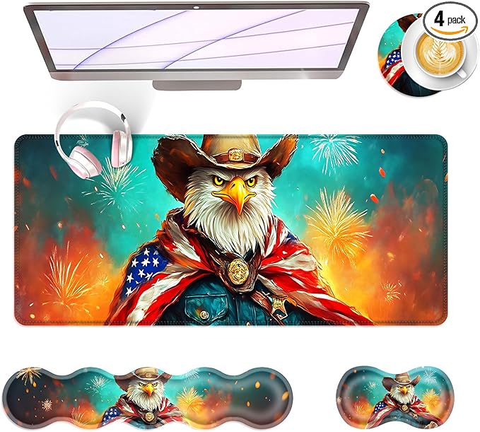 Large Keyboard Mouse Pad Set Extended Mouse Pad+Keyboard Wrist Rest Support Memory Foam Ergonomic Easy Typing 4Pcs (31.5×11.8 in) Desk Pad Set for Office HomeAmerican Flag Eagle
