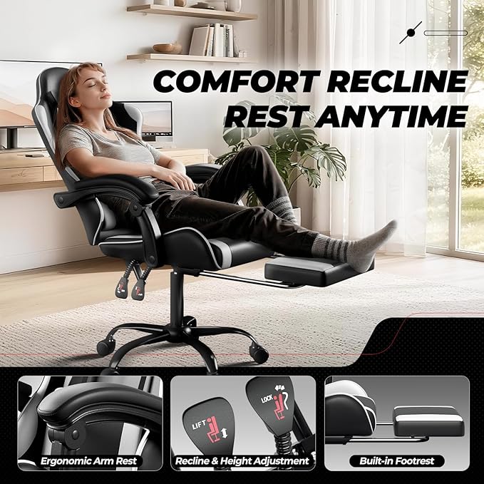 Auto Dynasty Ergonomic Gaming Chair High-Back Office Chair w/Adjustable Lumbar Support Linkage Armrest Headrest &amp Footrest 350LBS Recliner Swivel Computer Game Racing Chair White/Black