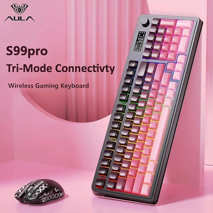 AULA S99 Pro Keyboard Wireless Keyboards with Media Knob Custom RGB Backlit 3-Modes BT/2.4G/USB-C Membrane Gaming Creamy Keyboard for Windows/MAC/PC Gamer - Black Pink