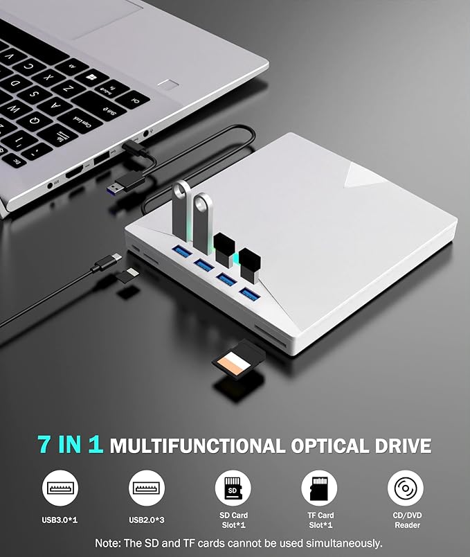 External CD/DVD Drive for Laptop PC8 IN 1 LED Portable DVD Drive CD Burner CD-ROM DVD-/+RW Writer Reader with TF/SD Card SlotsUSB 3.0 DVD Drive ExternalCompatible with MacWindows 11/10/8/7Linux