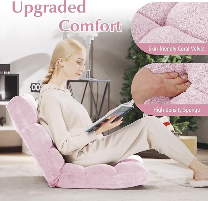 RELAX4LIFE Floor Chair with Back Support - 14-Position Adjustable Lazy Sofa Chair Padded Sleeper Bed &amp Couch Recliner for Reading Meditation Gaming Adults (Light Pink)
