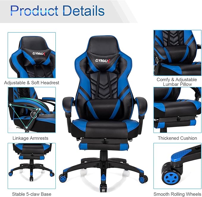 GYMAX Gaming Chair Ergonomic Computer Chair with Footrest Linkage Armrests &amp Lumbar Cushion Big Wide High Back Video Gaming Chair Reclining Office Rolling Chair for Adult/Teens (Blue)