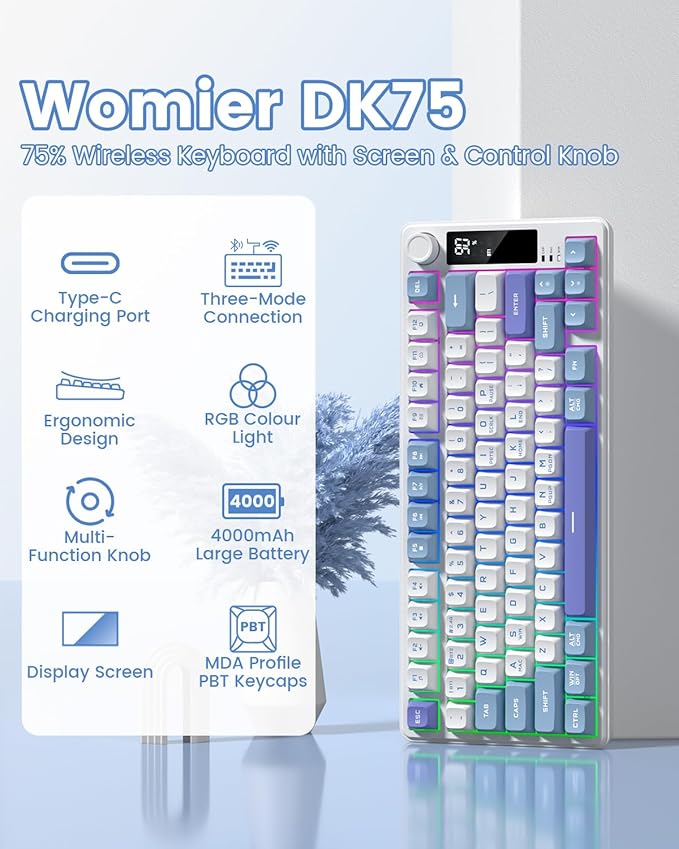 Womier DK75 75% Wireless Gaming Keyboard RGB Backlit Creamy Keyboard with Multifunction Knob &amp Screen Tri-Mode 2.4GHz/USB-C/BT5.0 Anti-Ghosting No-Conflict Silent Membrane Keyboard for MAC Wind